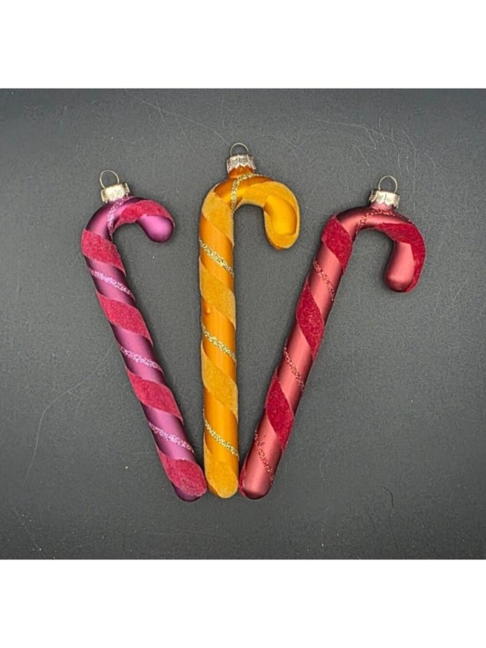 Vintage Blown Glass Striped Flocked 5" Candy Cane Christmas Ornaments Rauch